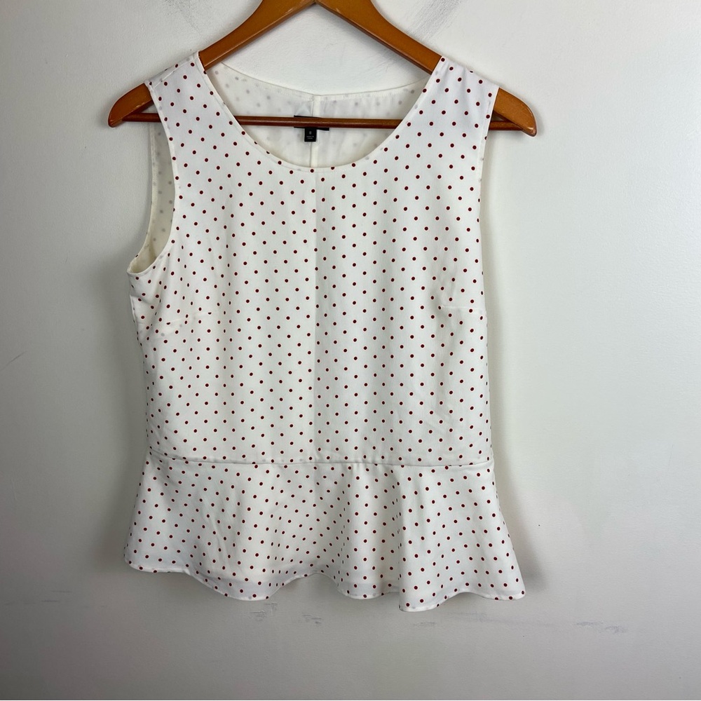 Talbots White Cream Red Polka Dot Peplum Blouse Business Casual Office Size 8